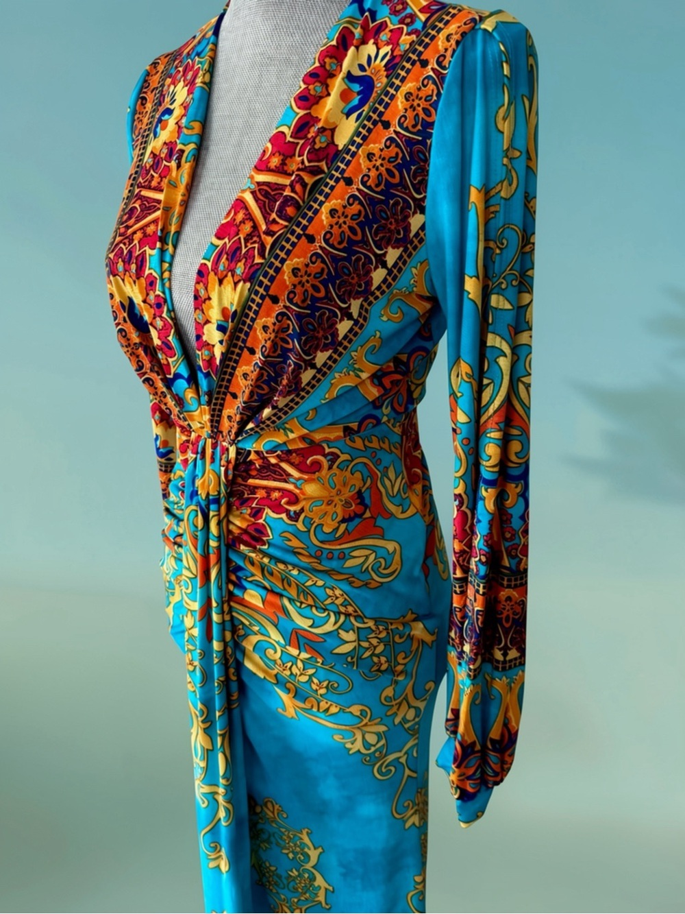 Vibrant Turquoise & Gold Print Maxi Dress with Deep V-Neck - Picture 4 of 16